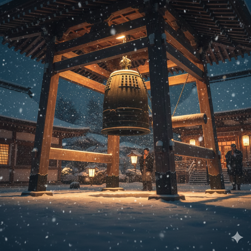 雪が舞う静かな夜の寺院で、灯籠に照らされた伝統的な除夜の鐘。日本の大晦日の情緒ある風景。